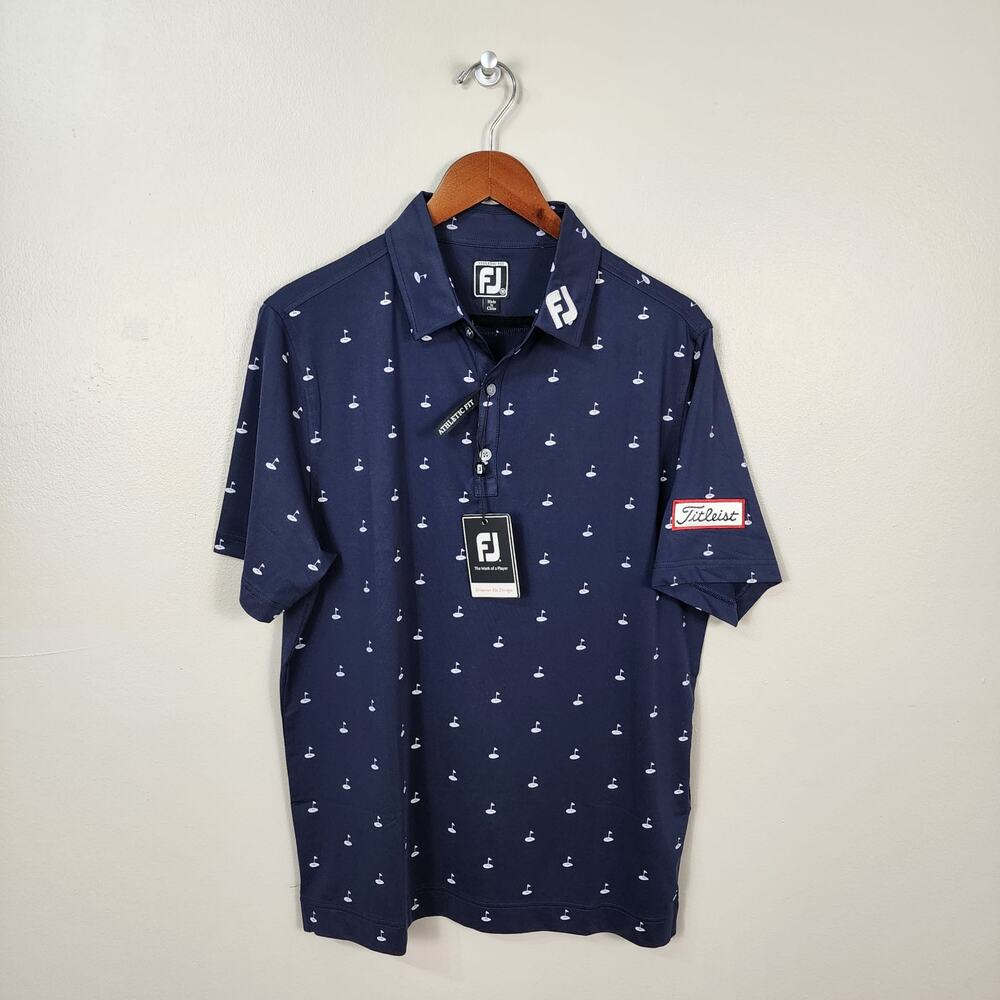 FOOTJOY | Athletic Fit Lisle Golf Print Self Collar Shirt Sz M Navy White NWT